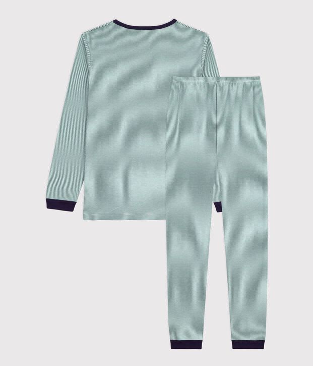 Pyjama enfant en coton &agrave; rayures vert/blanc