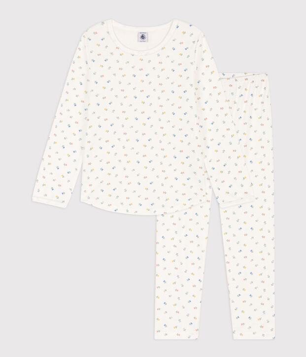 Pyjama fleurs en coton petite fille blanc/multicouleur