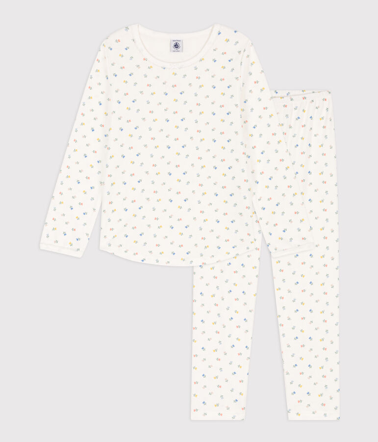 Pyjama fleurs en coton petite fille blanc MARSHMALLOW/blanc MULTICO