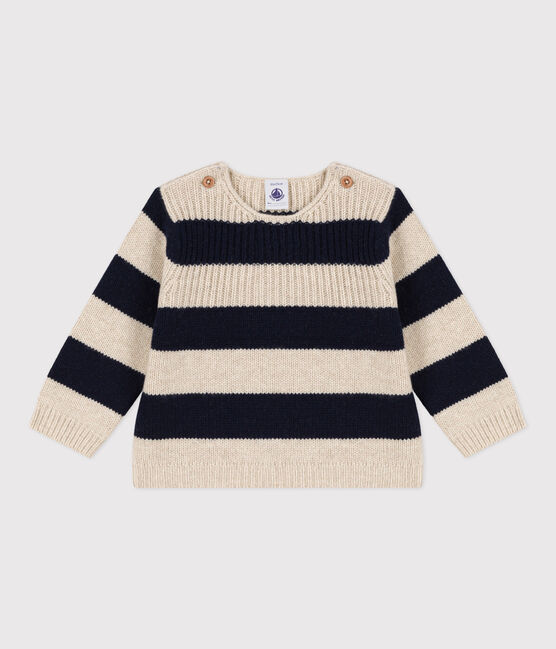 Pull en tricot de laine et coton bébé blanc AVALANCHE/bleu SMOKING