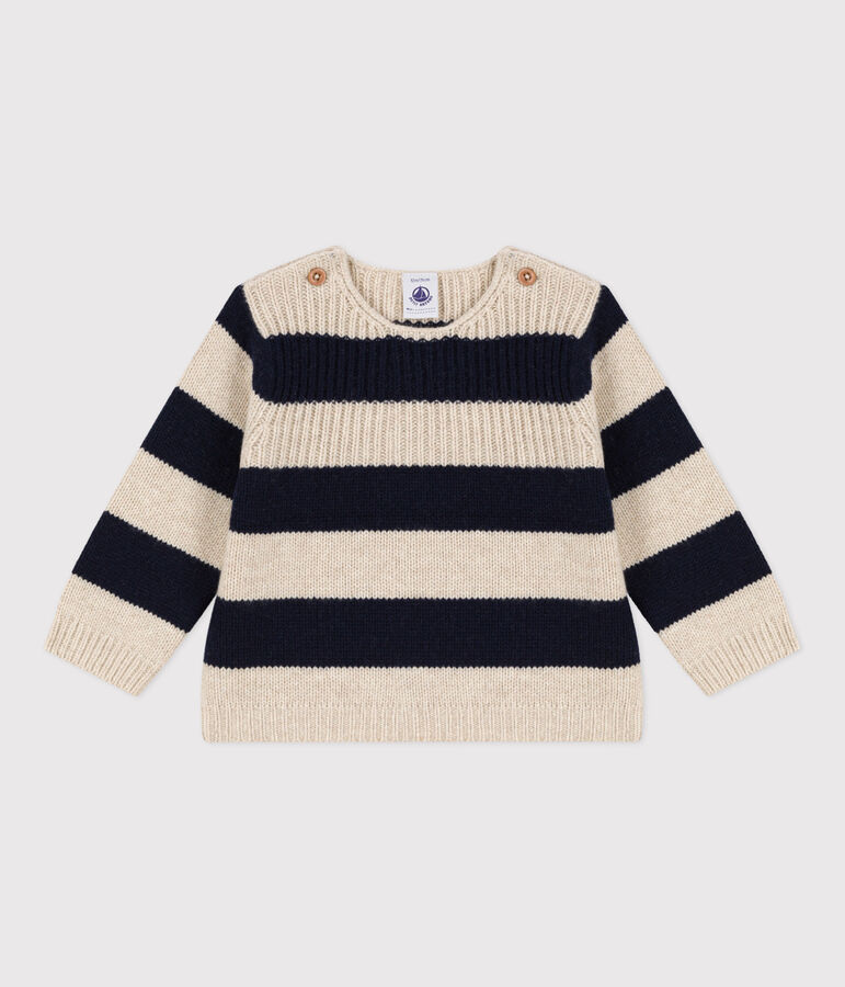 Pull en tricot de laine et coton b&eacute;b&eacute; blanc AVALANCHE/bleu SMOKING