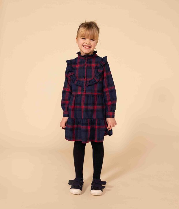 Robe &agrave; carreaux manches longues en flanelle de coton &agrave; carreaux enfant fille bleu/multicouleur