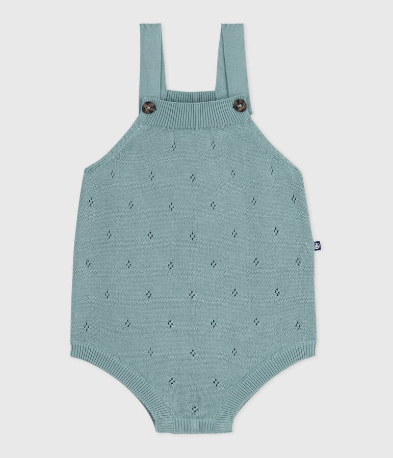 Barboteuse b&eacute;b&eacute; en tricot &agrave; point fantaisie &agrave; bretelles vert PAUL