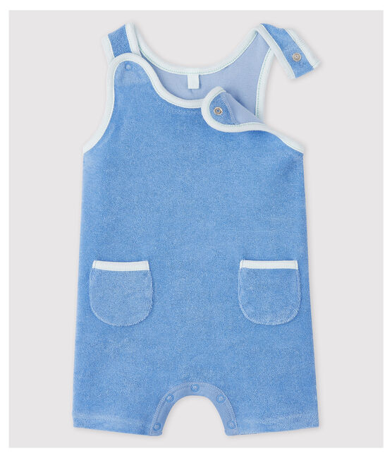 Salopette courte bleue bébé en bouclette éponge de coton biologique bleu EDNA
