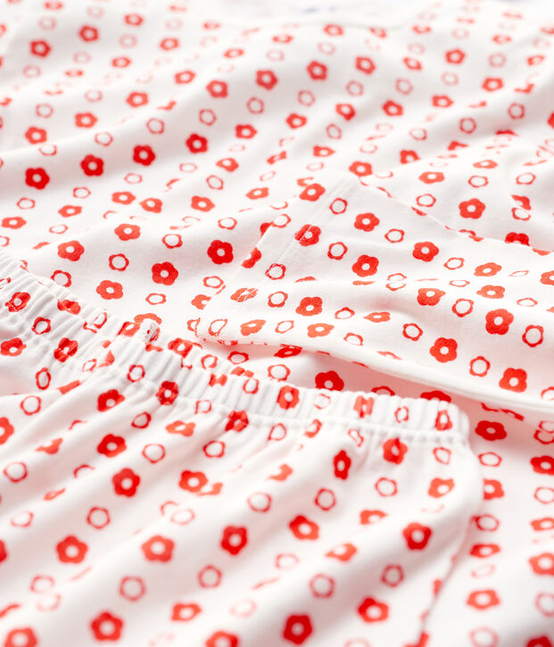 Pyjama imprim&eacute; fleurs graphiques fille en coton biologique blanc/rouge