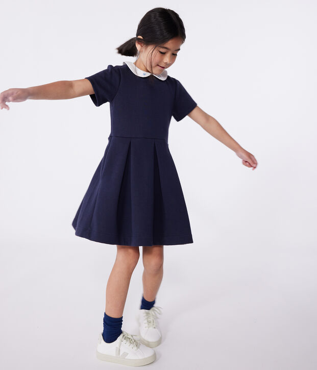 Robe enfant en coton manches courtes unie bleu marine