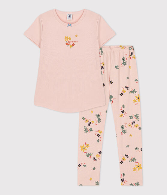 Pyjama manches courtes fleur petite fille en coton rose SALINE/blanc MULTICO