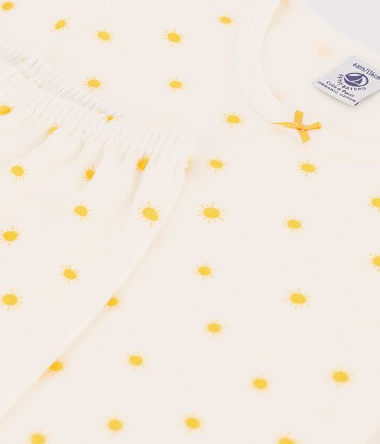 Pyjama manches courtes soleils petite fille en coton biologique blanc MARSHMALLOW/ ORGE