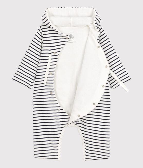 Combinaison longue rayée marinière à capuche bébé en coton blanc MARSHMALLOW/bleu SMOKING