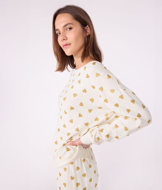 Pyjama femme en coton imprimé cœurs dorés MILK/ DORE