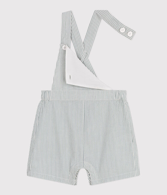 Salopette bébé en coton jambes courtes, rayée blanc MARSHMALLOW/bleu BRUT