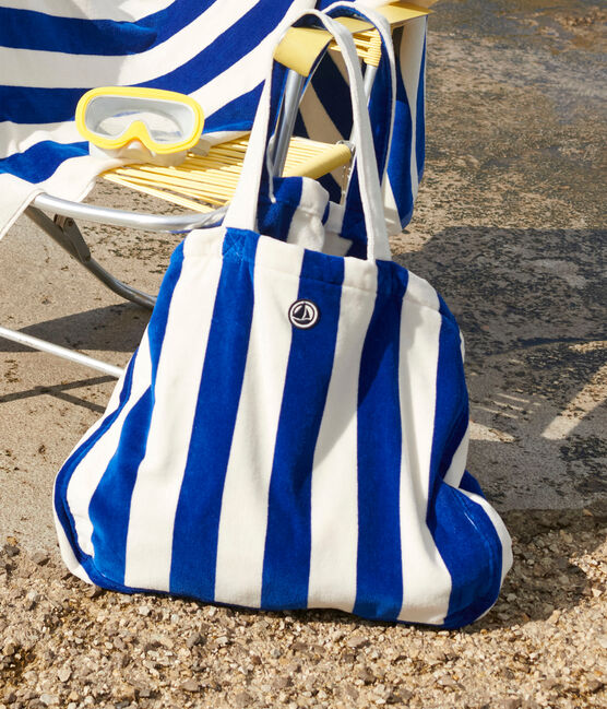 SAC DE PLAGE FEMME RAYE EN BOUCLETTE EPONGE  bleu SURF/blanc MARSHMALLOW