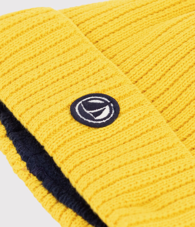 Bonnet enfant en tricot doubl&eacute; en polaire jaune