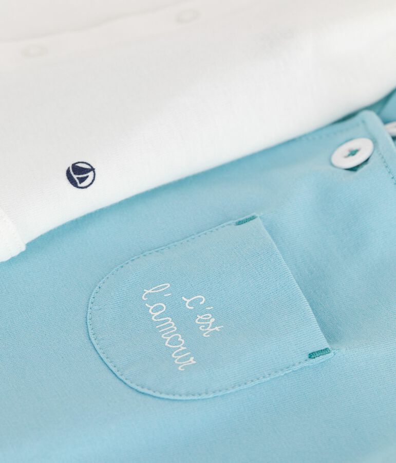 Ensemble naissance salopette et body en coton bleu AQUATIC
