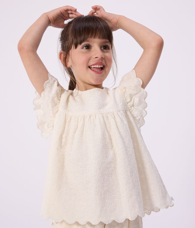 Blouse enfant en coton manches courtes motifs c&oelig;urs blanc