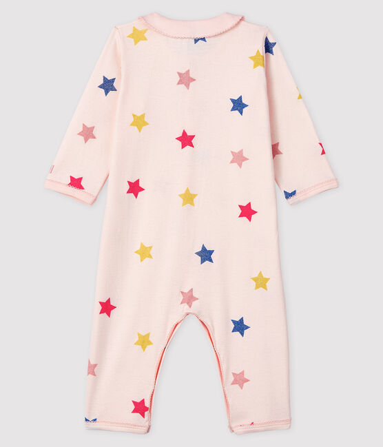 Dors-bien à étoiles sans pieds bébé fille en côte rose FLEUR/blanc MULTICO
