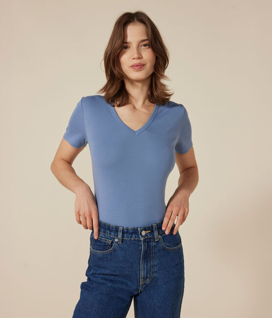 Tee-shirt l'Iconique col V en coton uni femme bleu BEACH