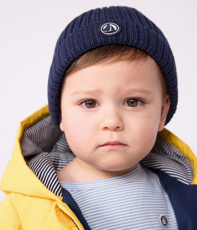 Bonnet b&eacute;b&eacute; en tricot doubl&eacute; en polaire bleu SMOKING
