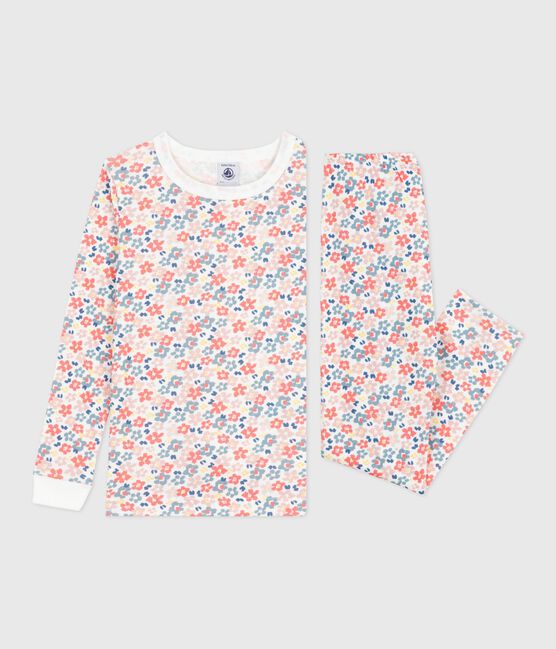 Pyjama enfant en coton jambes très ajustées imprimé fleurs blanc MARSHMALLOW/blanc MULTICO