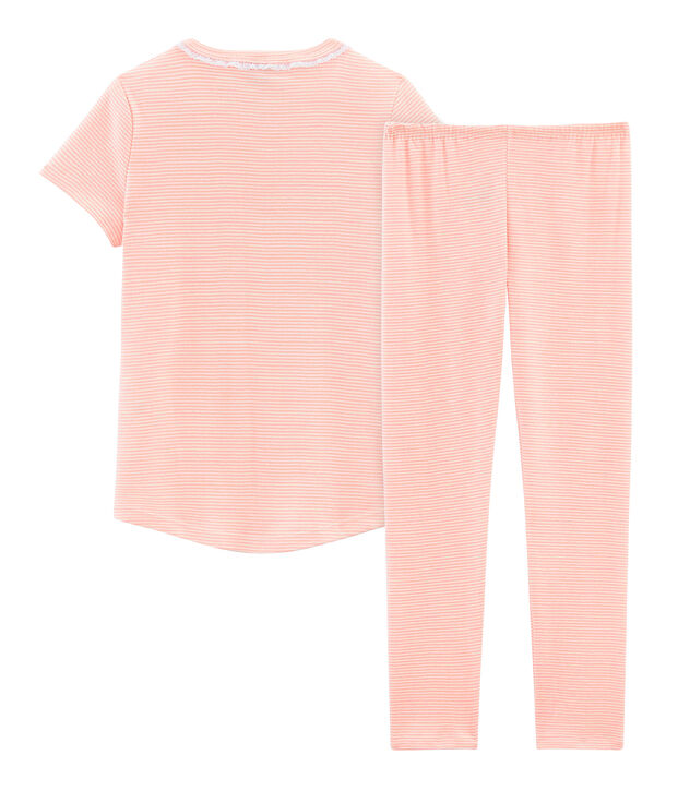 Pyjama &agrave; manches courtes petite fille en c&ocirc;te rose/blanc
