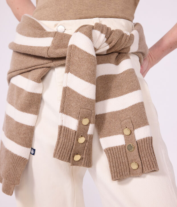 Pull &agrave; col roul&eacute; femme en laine et coton &agrave; rayures beige/&eacute;cru