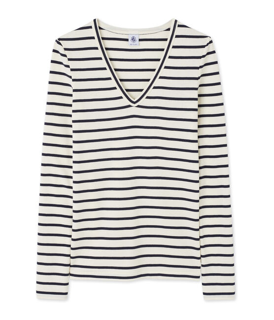 T-shirt femme manches longues col V rayé beige COQUILLE/bleu SMOKING