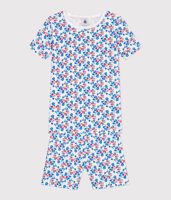 Pyjama short très ajusté enfant en coton fleuri blanc MARSHMALLOW/blanc MULTICO