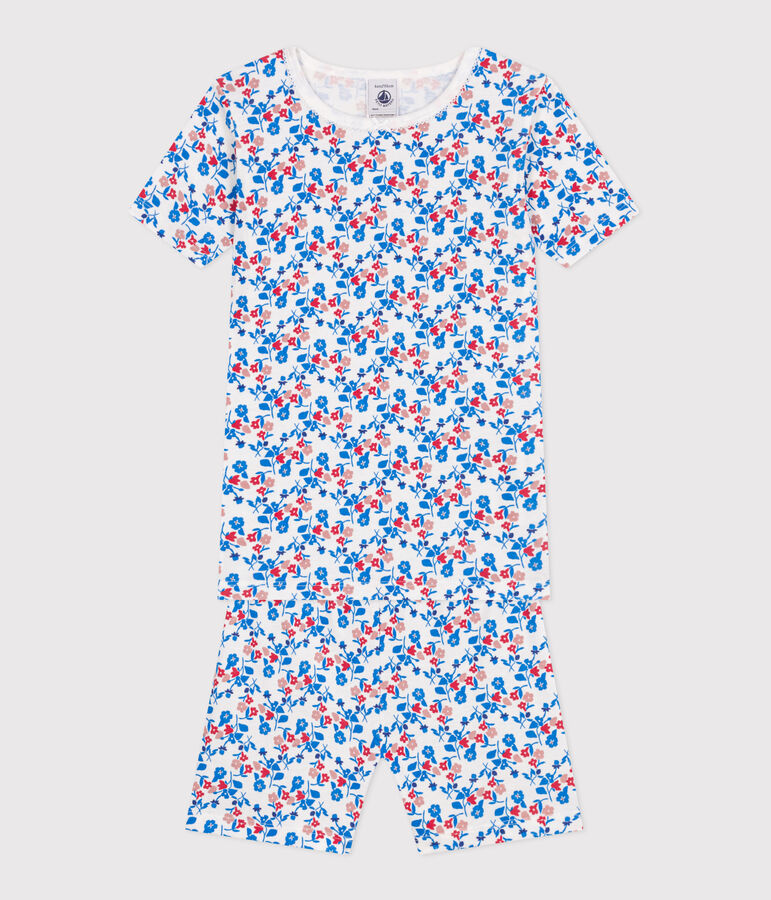 Pyjama short tr&egrave;s ajust&eacute; enfant en coton fleuri blanc MARSHMALLOW/blanc MULTICO