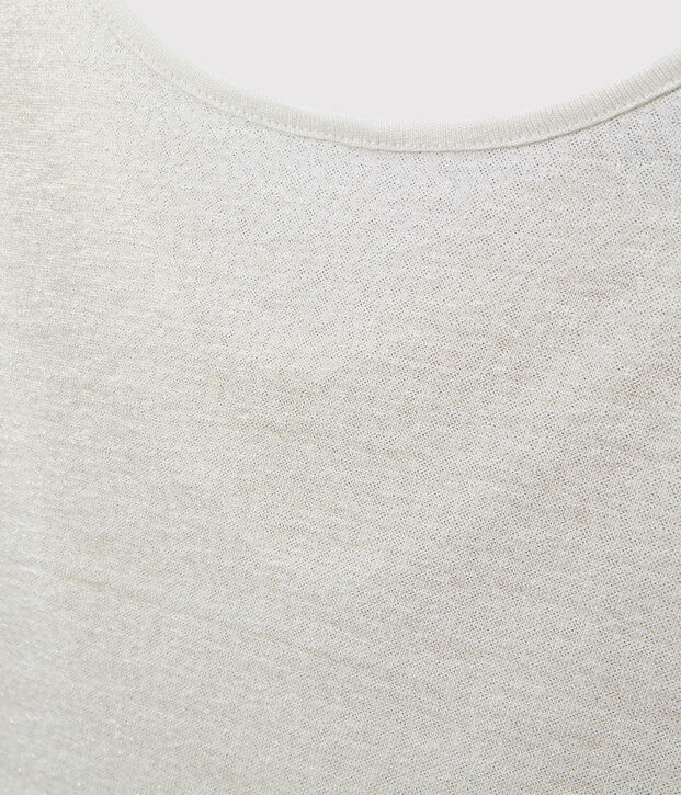 T-shirt femme col b&eacute;nitier au dos en lin iris&eacute; blanc/jaune