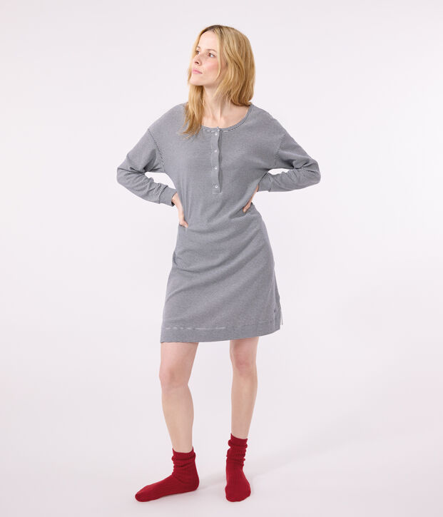 Chemise de nuit en coton ray&eacute; femme bleu/blanc