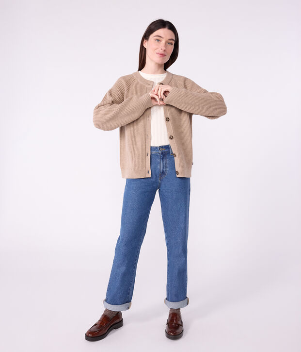 Cardigan femme en laine et coton uni marron