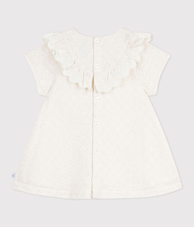 Robe b&eacute;b&eacute; en broderie anglaise manches courtes, motifs c&oelig;urs blanc