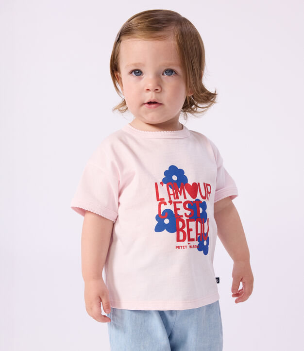 Tee-shirt b&eacute;b&eacute; en coton &agrave; manches courtes &agrave; motif rose clair