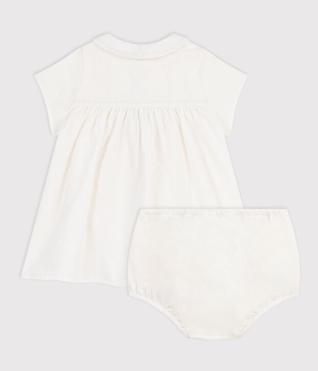 Robe b&eacute;b&eacute; en coton/lin avec son bloomer, avec d&eacute;tail brod&eacute; blanc