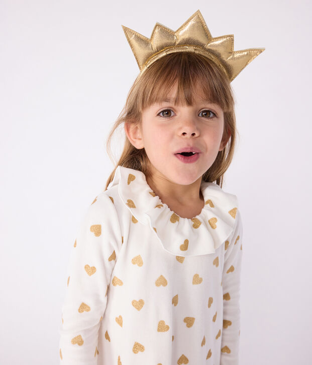 Chemise de nuit d&eacute;guisement enfant en velours imprim&eacute; c&oelig;urs dor&eacute;s &eacute;cru/jaune