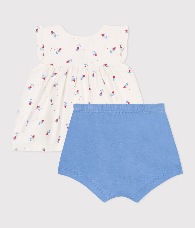 Ensemble naissance deux pi&egrave;ces en coton avec blouse volant&eacute; blanc MARSHMALLOW/blanc MULTICO