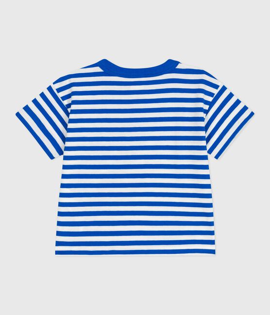T-shirt bébé en coton à manches courtes rayé bleu PORCELANA/ MARSHMALLOW