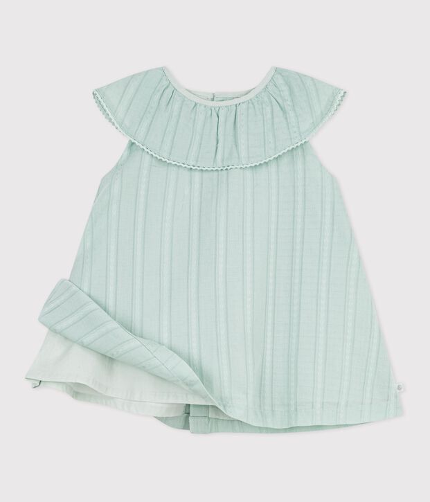 Robe b&eacute;b&eacute; en coton manches courtes, unie avec sa collerette vert