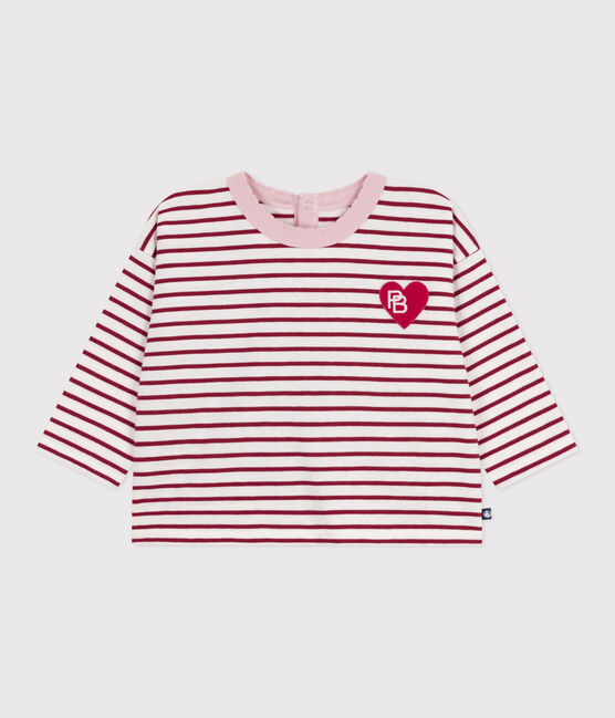 Tee-shirt bébé en coton à manches longues, rayé rouge MILK/ AMARANTE