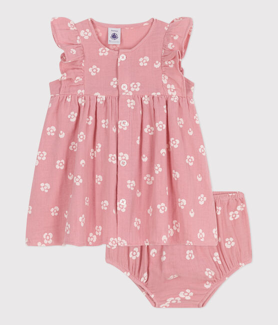 Robe bébé en gaze de coton et son bloomer, imprimée à fleurs rose CHARME/blanc MARSHMALLOW