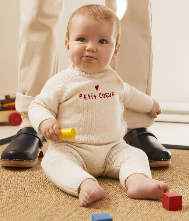 Ensemble 2 pi&egrave;ces b&eacute;b&eacute; en tricot laine et coton blanc