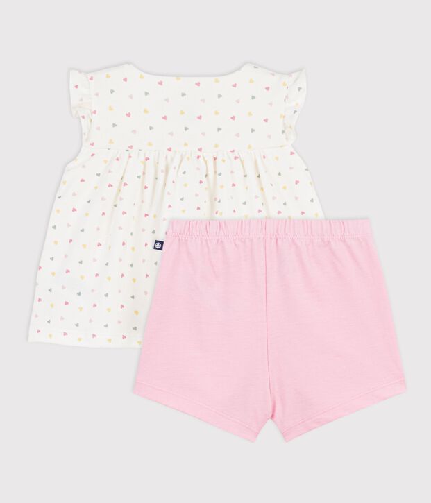 Ensemble 2 pi&egrave;ces b&eacute;b&eacute; en coton imprim&eacute; mini c&oelig;urs blanc/multicouleur