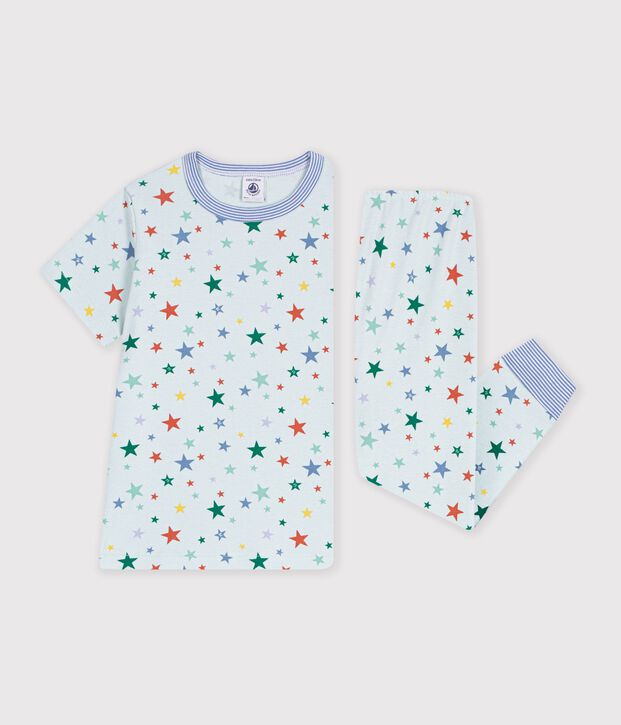 Pyjama enfant en coton manches courtes jambes longues imprim&eacute; bleu/multicouleur