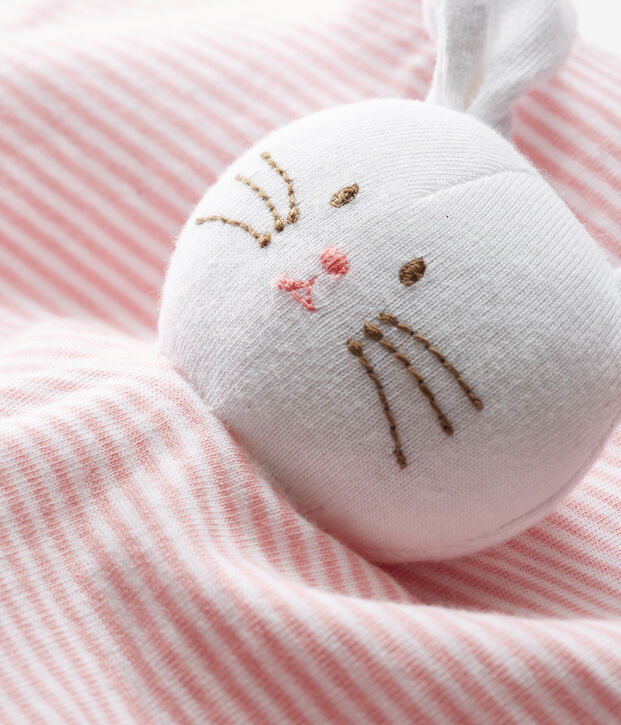 Doudou lapin b&eacute;b&eacute; en coton rose/blanc