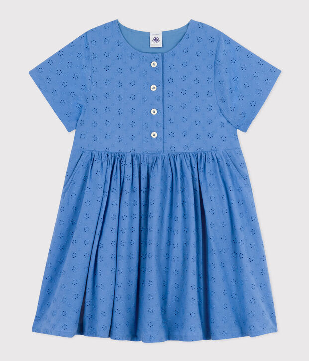 Robe manches courtes en broderie anglaise enfant fille bleu