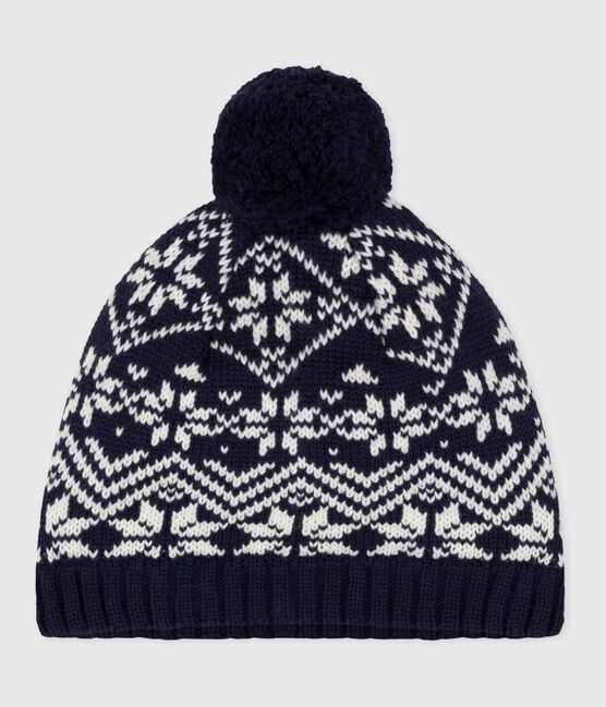 Bonnet enfant jacquard en laine bleu SOIR/ MARSHMALLOW