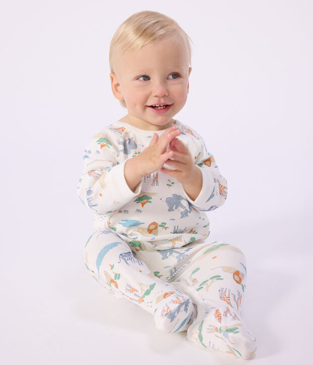 Pyjama b&eacute;b&eacute; en coton avec zip imprim&eacute; savane blanc/multicouleur