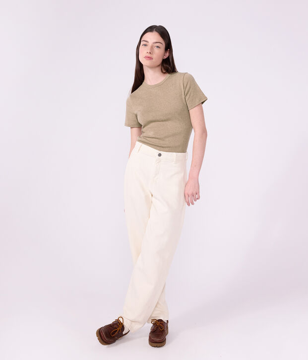 Tee-shirt femme en coton manches courtes uni beige