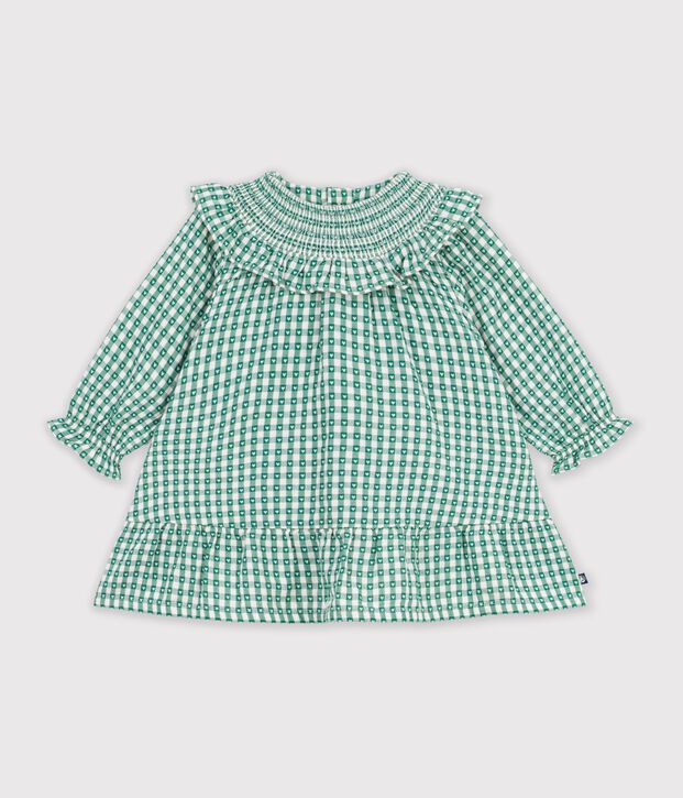 Robe b&eacute;b&eacute; en coton manches longues vichy vert/blanc