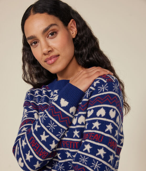 Pull jacquard laine et coton femme bleu MEDIEVAL/blanc MULTICO